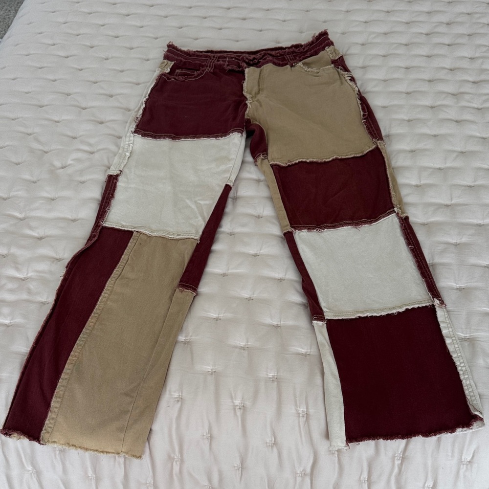 Women’s Patchwork Denim Jeans Wide-Leg Pants in Burgundy, Beige & Ivory size L - Picture 2 of 11